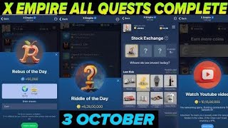 3 October All Quests Code X Empire | Youtube Video Code | Rebus Of The Day | Investment Fund Card