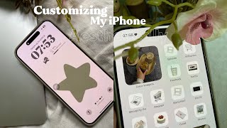 Customizing my iphone 15 🌱☁️: custom iphone theme, widgets, icons 🎀