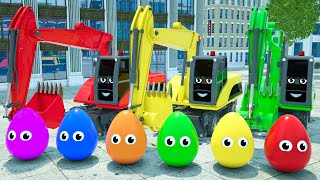 School Bus, Crane and Excavator Assemble a School From Eggs - cartoon car