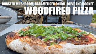 Mouthwatering Roasted Mushroom, Caramelised Onion, Olive and Rocket Woodfired Pizza