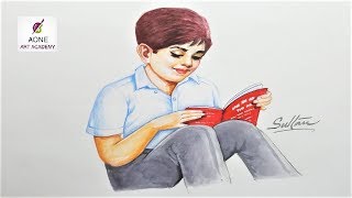 BOY READING BOOK | PENCIL COLOUR & WATER COLOUR DRAWING