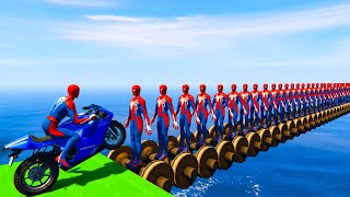 MOTOS com Homem Aranha e Heróis! Saltos na Mega Rampa com SUPER MOTOS - GTA V Mods - IR GAMES