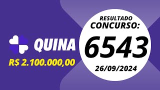 Quina Resultado Concurso 6543 26/09/2024 #quina #quina6543 #quinaresultado6543