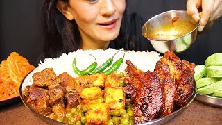 SPICY MUTTON CURRY, CHICKEN WINGS FRY, MATAR PANEER AND BASMATI RICE, JALEBI #ASMR/EATING SHOW