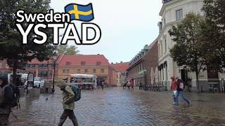 Sweden, walking tour of Ystad, From the abbey in sunshine to rainy & windy central streets.