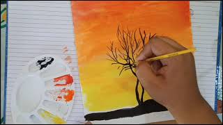 Sunset scenery Drawing With Poster Colour 👍🏻 easy drawing for beginners 👍🏻