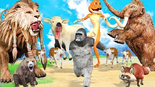 Giant Gorilla Elephant vs Giant Lion vs 10 Cow Cartoon Buffalo Red Panda Bear Hippo Animal Revolt