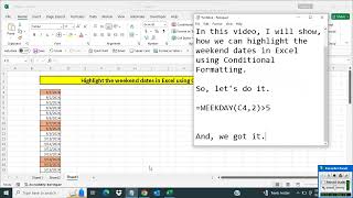 Highlight the weekend dates in Excel using Conditional Formatting