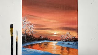 Winter Sunset Acrylic Painting | Easy Painting Step by Step for Beginners