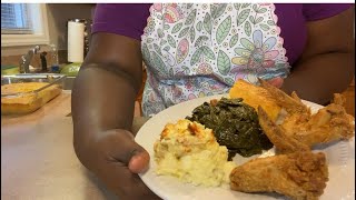 HOW TO MAKE SOUTHERN STYLE COLLARD GREENS, POTATOE SALAD, FRIED CHICKEN AND-CREAMED CORN CORNBREAD.