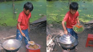 Adorable 6 years old little boy Heng makes fry noodle , Little Chef