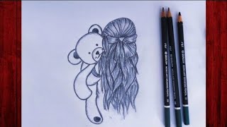 How to draw a girl with teddy bear | New drawing 2024 | Easy girl backside drawing