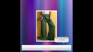 Green Smocked Waist Crinkled Wide Leg Womens Pants