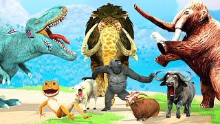 Giant Gorilla vs Zombie Dinosaur Fight Cow Cartoon Buffalo Goat Saved By Monster Lion Mammoth