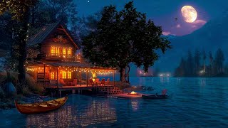 Soothing Night Jazz Piano in a Summer Moonlit Lakeside Cabin Cozy Fireplace & Gentle Wave Sounds