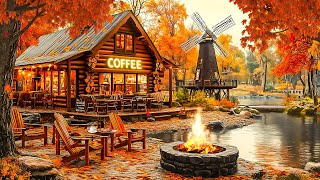 Autumn Morning Jazz for a Cheerful Mood 🍂 Lakeside Cafe with Cozy Fire Ambience