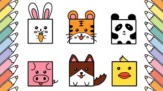 Drawing and Coloring Cute Animals from Squares Easy for Kids and Toddlers