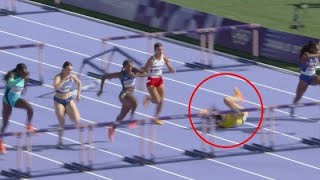 ‘Jiggling’ hurdler Michelle Jenneke crashes onto track in BRUTAL OLYMPICS FALL -