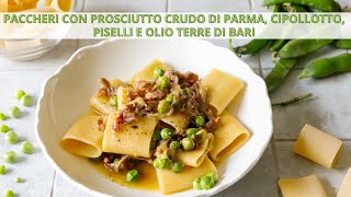 Paccheri con Prosciutto di Parma, cipollotto, piselli - Ricetta gourmet - Chef Deg - Saporie