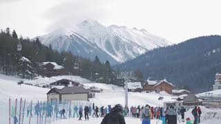 arkhyz russia january 25 2019 winter panorama with ski resort and ski lifts on a