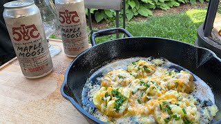 Maple Moose and Cheese Smashed Potatoes over the Fire