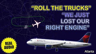 Right engine failure shortly after takeoff. Delta Airbus A320 goes back to Atlanta Airport. Real ATC