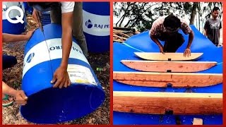 Building a Boat with Plastic Barrels and Wood in the Jungle