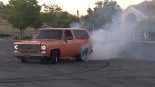 Burnouts, donuts, and the amount of body roll. On the 75 chevy k5 blazer / C10,  TEST #1 Baseline.