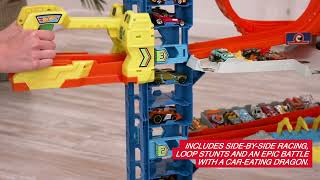 Explore all four levels of  racing and storytelling  in the Hot Wheels™  City Ultimate Garage | AD