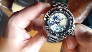 STEELDIVE SD1975J KANAGAWA WAVE FULLY LUMED DIAL  TUNA DIVER AUTOMATIC WATCH UNBOXING