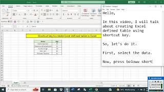 Shortcut key to create Excel defined table