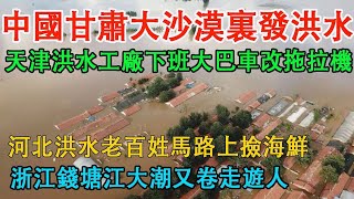 中國甘肅民勤縣大沙漠裡發生洪水，天津暴雨城市被淹工人改乘坐拖拉機下班。河北洪水老百姓馬路上抓到海鮮，浙江錢塘江大潮捲走遊人。