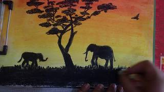 How to paint beautiful Sun Set landscape using Oil Pastel: Silhouette Part 1