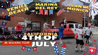 Marina del Rey, Venice Beach, Santa Monica and 4th of July Parade / 4K Walking Tour