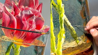 ASMR Oil Painting in real time. How I painted Flower in Glass with oil colours. Realistic Art