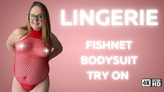 [4K] Red Fishnet Lingerie Try On with Mirror View: Curvy Thick Natural Body Edition