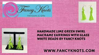 Handmade Lime Green Swirl Macrame Earrings With Glass White Beads By Fancy Knots