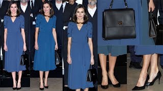 Queen Letizia Beautiful in Blue V-neckline with Coordinating Belt for Meeting in Madrid