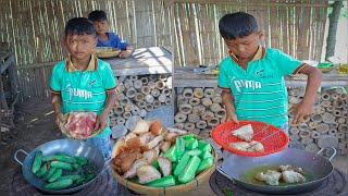 Smart boy Heng stir fried pork Recipe delicious , Rural life little chef