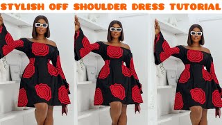 How To Make a Simple A-line Off Shoulder Dress with Elastic and Stylish Bell Sleeve