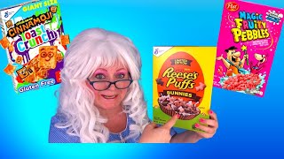 Reese's Puffs Cinnamoji Toast Crunch Fruity Pebbles Cereal Taste Test Granny McDonald's