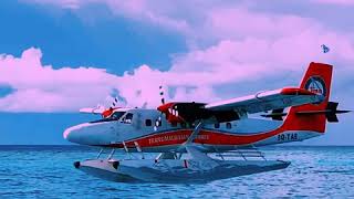 Twin otter seaplane landing in Maldives