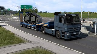 Mercedes-Benz truck hauling heavy equipment on flatbed trailer, cruising highwaySimulator High Speed