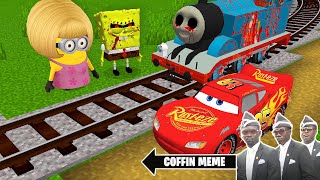 THOMAS THE TANK ENGINE.EXE and LIGHTNING MCQUEEN vs MINIONS in Minecraft - Coffin Meme and SPONGEBOB