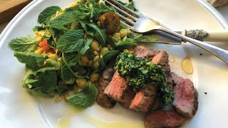 Italian grilled flank with salmoriglio sauce and fried chickpea salad recipe