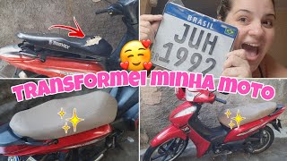 TRANSFORMEI MINHA MOTO! 😍🛵 | TROQUEI O BANCO, PLACA NOVA, LAVEI e mais.