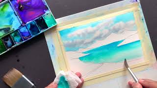 Let's paint a beautiful lake and mountains with Watercolor