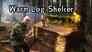 Building a warm Log Shelter in the woods