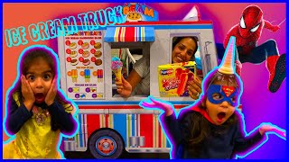 Toy Ice Cream Truck with Supergirl, The Flash, Spiderman, and Princess Belle | Pretend Play