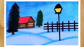 Winter landscape drawing easy -  How to draw winter scenery - Beautiful landscape scenery